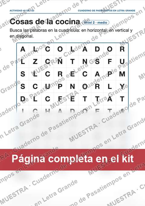 Muestra de la página del kit: Cosas de la cocina