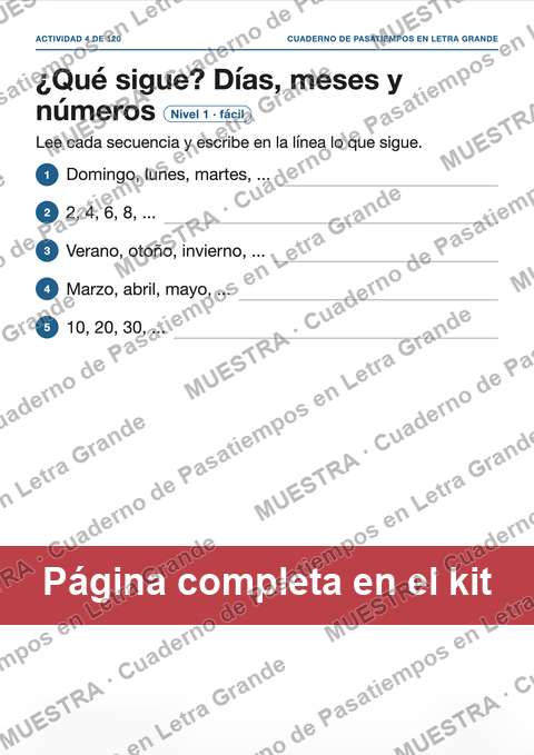 Muestra de la página del kit: ¿Qué sigue? Días, meses y números