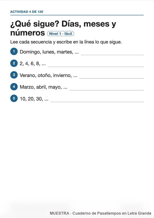 Muestra de la página del kit: ¿Qué sigue? Días, meses y números
